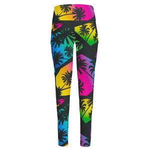 EDM Beach Palm Tree Pattern Print High-Waisted Pocket Leggings