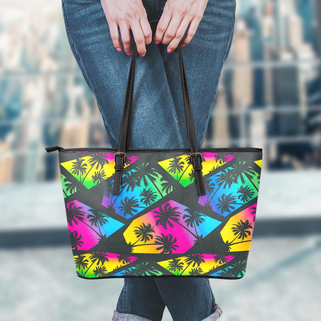 EDM Beach Palm Tree Pattern Print Leather Tote Bag