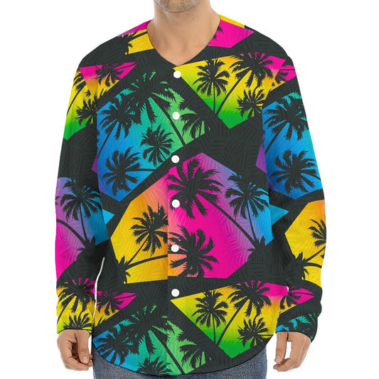 EDM Beach Palm Tree Pattern Print Long Sleeve Baseball Jersey