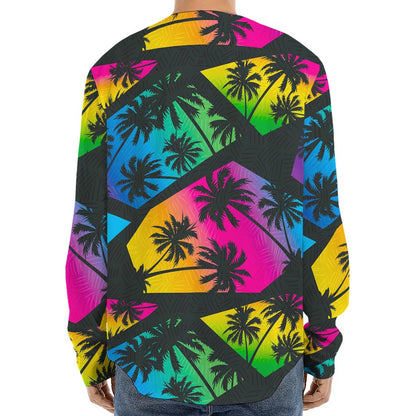 EDM Beach Palm Tree Pattern Print Long Sleeve Baseball Jersey