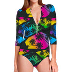 EDM Beach Palm Tree Pattern Print Long Sleeve Swimsuit