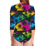 EDM Beach Palm Tree Pattern Print Long Sleeve Swimsuit