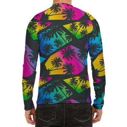 EDM Beach Palm Tree Pattern Print Men's Long Sleeve Rash Guard