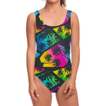 EDM Beach Palm Tree Pattern Print One Piece Swimsuit