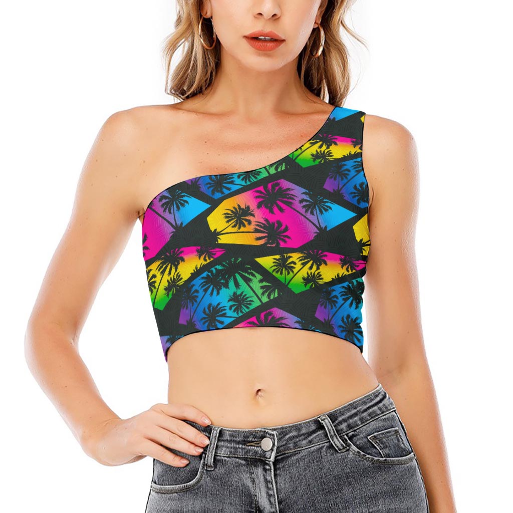 EDM Beach Palm Tree Pattern Print One Shoulder Crop Top