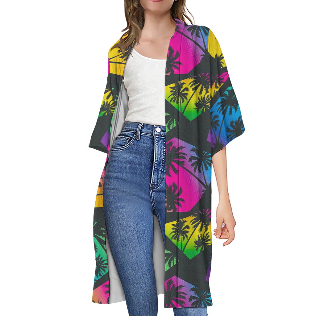 EDM Beach Palm Tree Pattern Print Open Front Beach Cover Up