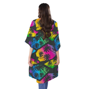 EDM Beach Palm Tree Pattern Print Open Front Beach Cover Up