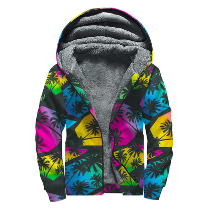 EDM Beach Palm Tree Pattern Print Sherpa Lined Zip Up Hoodie