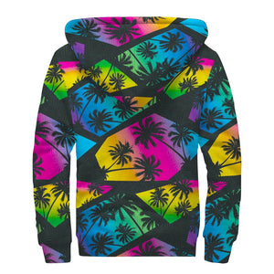 EDM Beach Palm Tree Pattern Print Sherpa Lined Zip Up Hoodie