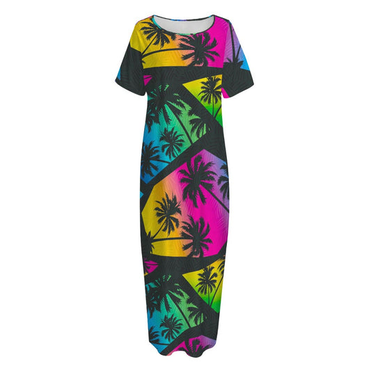 EDM Beach Palm Tree Pattern Print Short Sleeve Long Nightdress