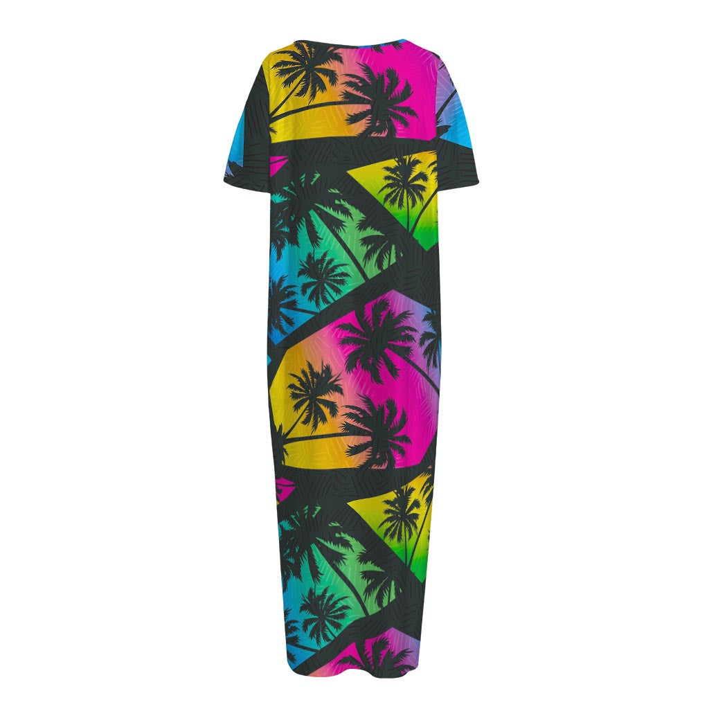 EDM Beach Palm Tree Pattern Print Short Sleeve Long Nightdress