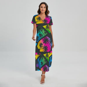 EDM Beach Palm Tree Pattern Print Short Sleeve Maxi Dress