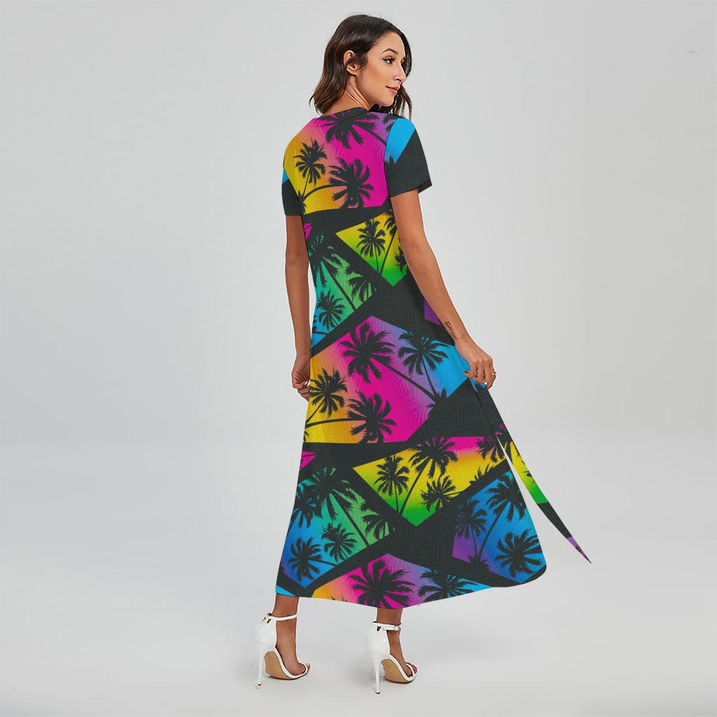 EDM Beach Palm Tree Pattern Print Short Sleeve Maxi Dress