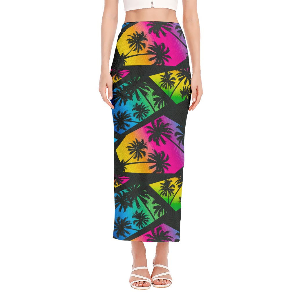 EDM Beach Palm Tree Pattern Print Side Slit Maxi Skirt