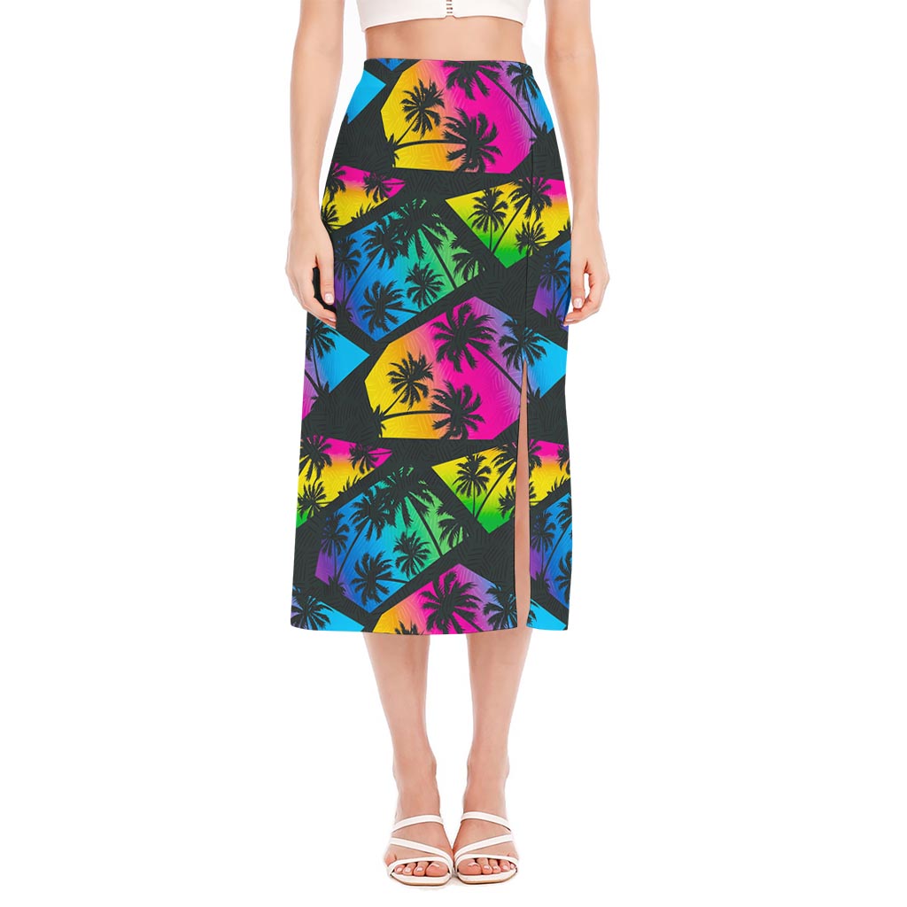 EDM Beach Palm Tree Pattern Print Side Slit Midi Skirt