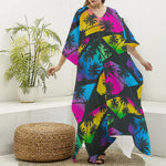 EDM Beach Palm Tree Pattern Print Silk V-Neck Kaftan Dress