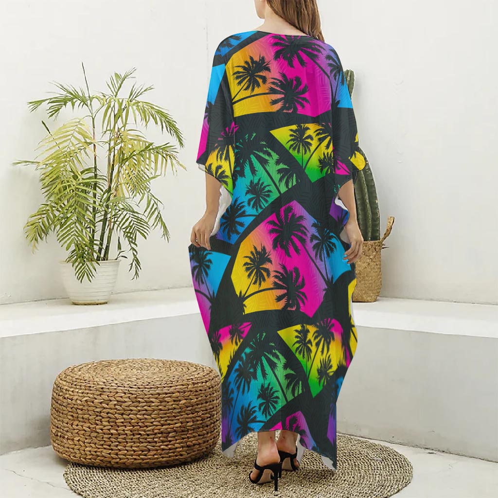 EDM Beach Palm Tree Pattern Print Silk V-Neck Kaftan Dress