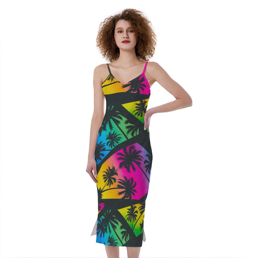 EDM Beach Palm Tree Pattern Print Slim Fit Midi Cami Dress