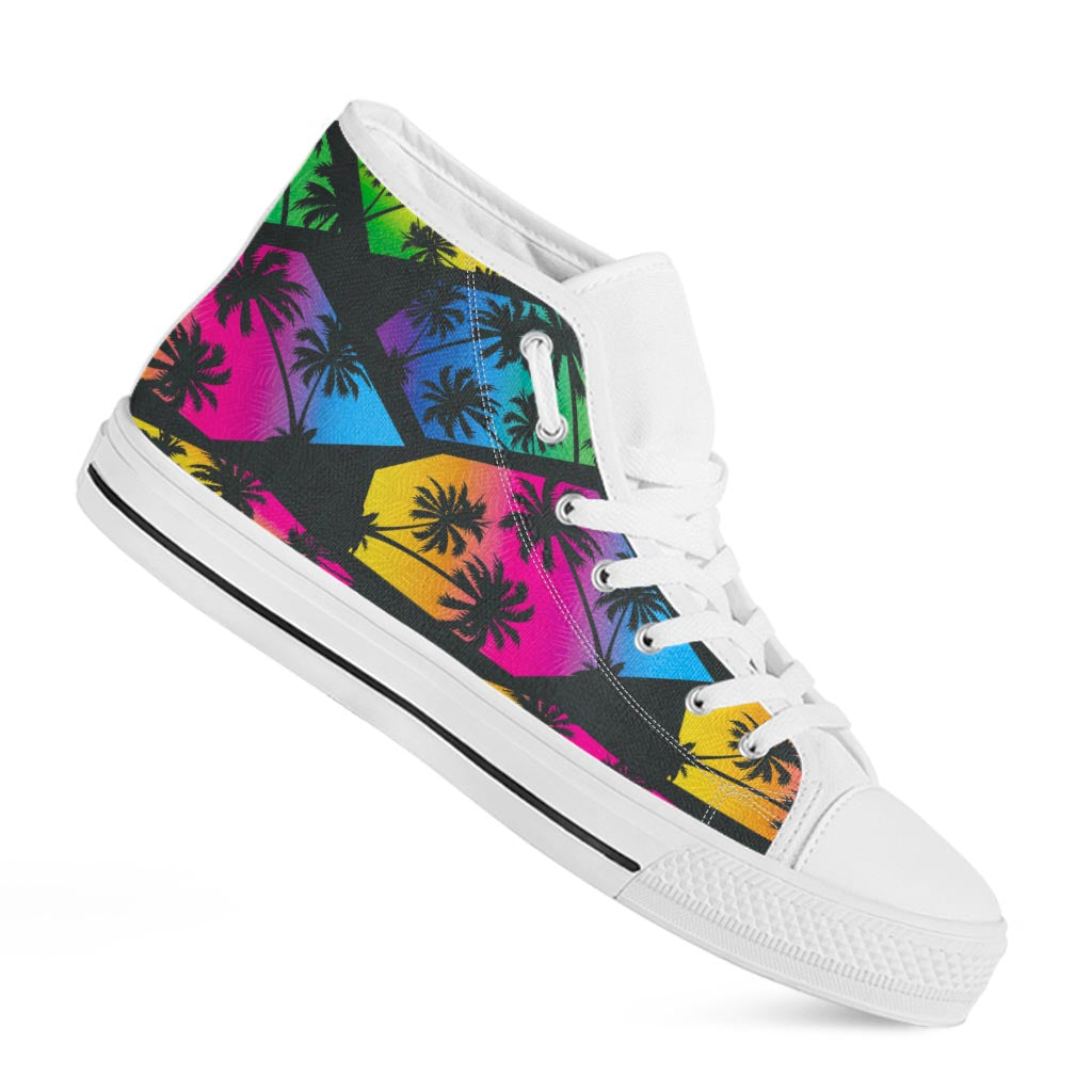 EDM Beach Palm Tree Pattern Print White High Top Sneakers