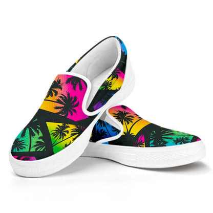 EDM Beach Palm Tree Pattern Print White Slip On Sneakers