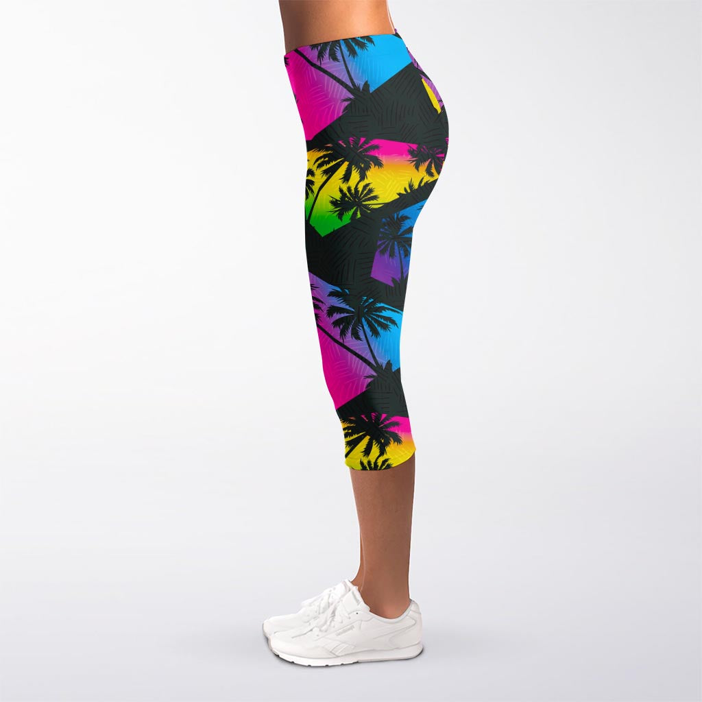 EDM Beach Palm Tree Pattern Print Women's Capri Leggings