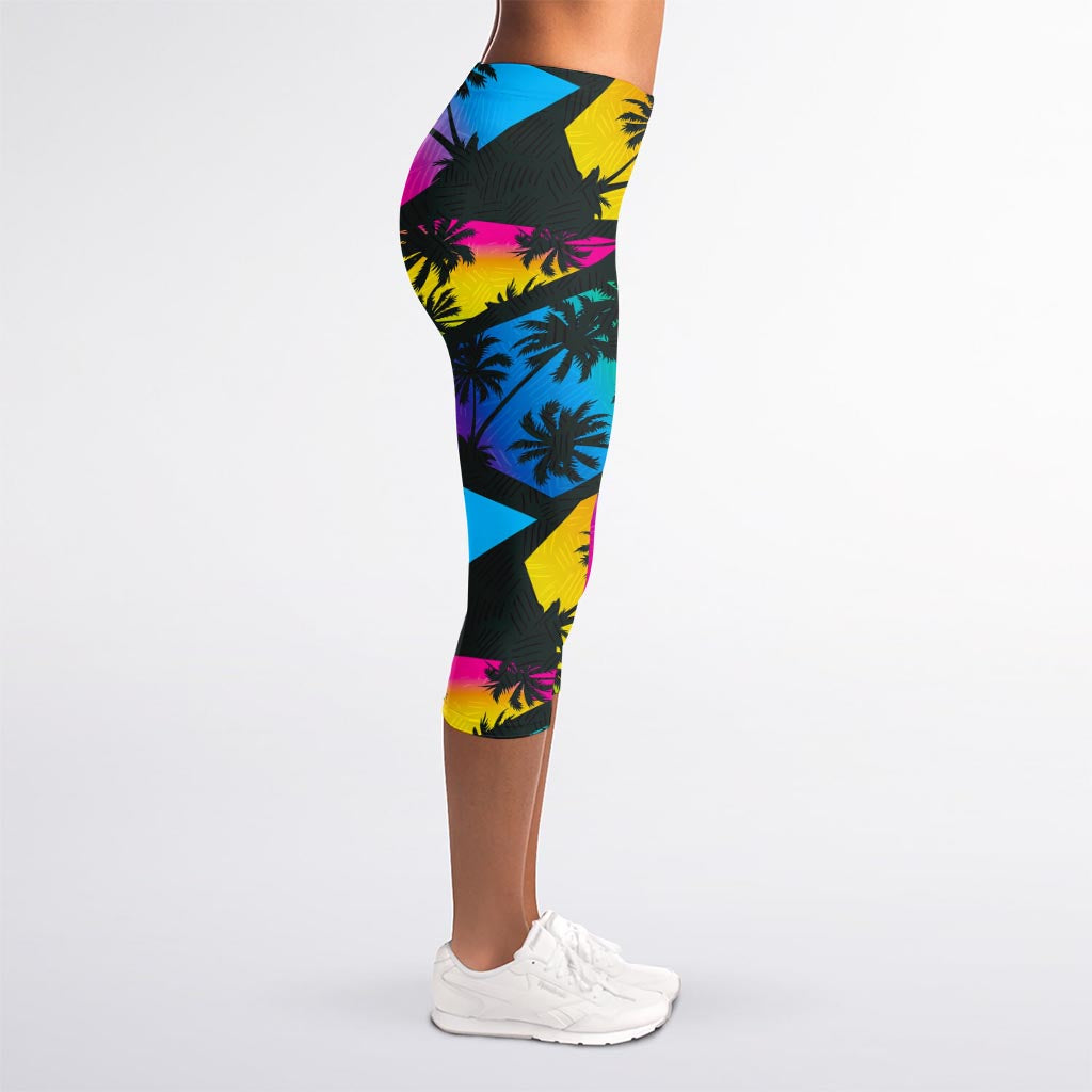 EDM Beach Palm Tree Pattern Print Women's Capri Leggings