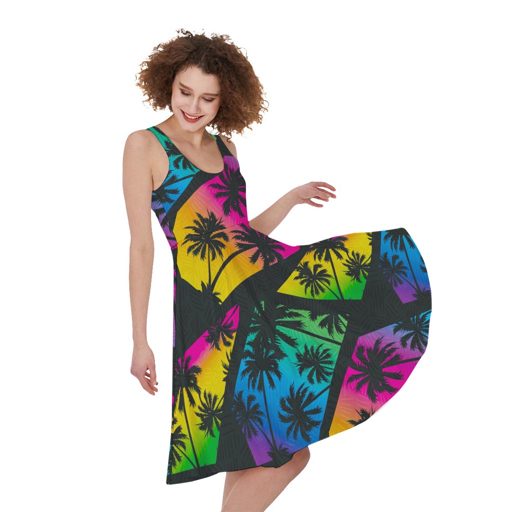 EDM Beach Palm Tree Pattern Print Women's Sleeveless Dress