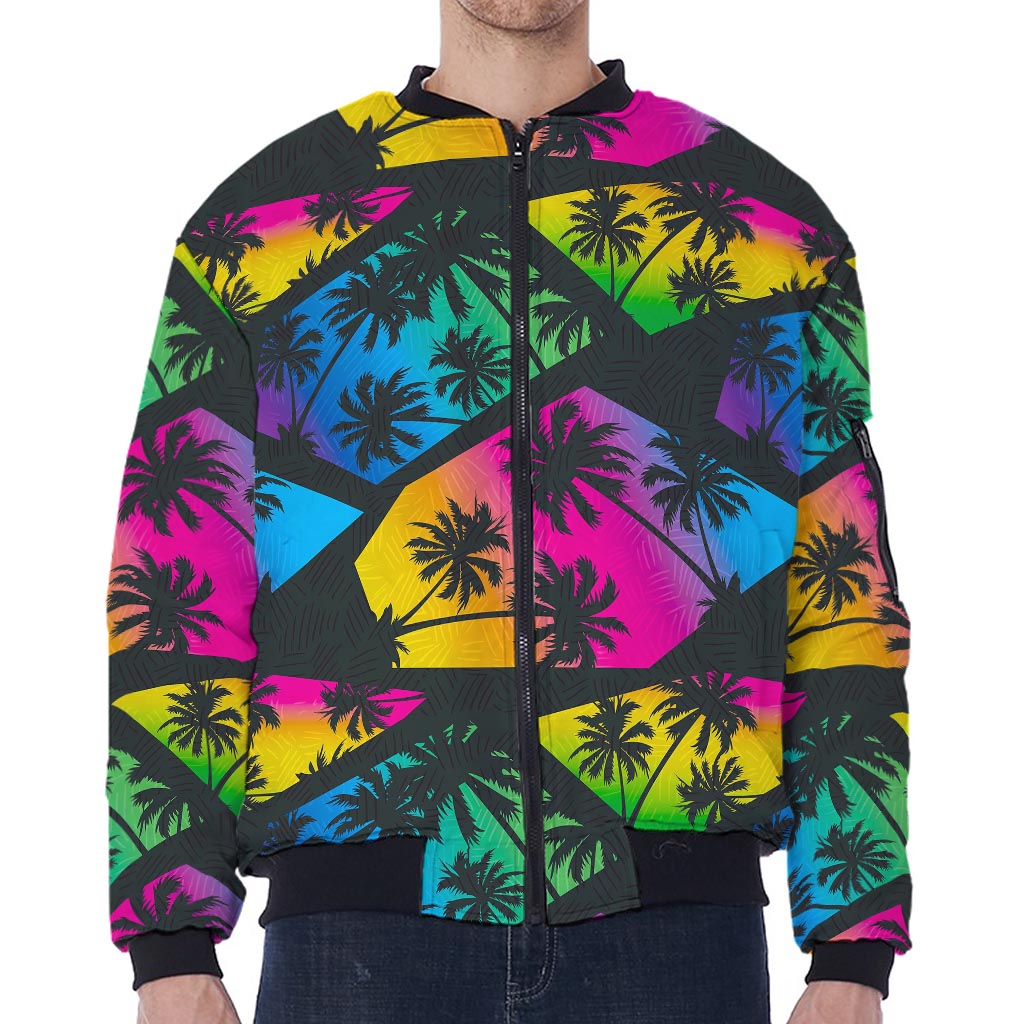 EDM Beach Palm Tree Pattern Print Zip Sleeve Bomber Jacket