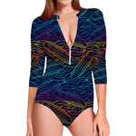 EDM Surfing Wave Pattern Print Long Sleeve Swimsuit