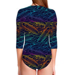 EDM Surfing Wave Pattern Print Long Sleeve Swimsuit