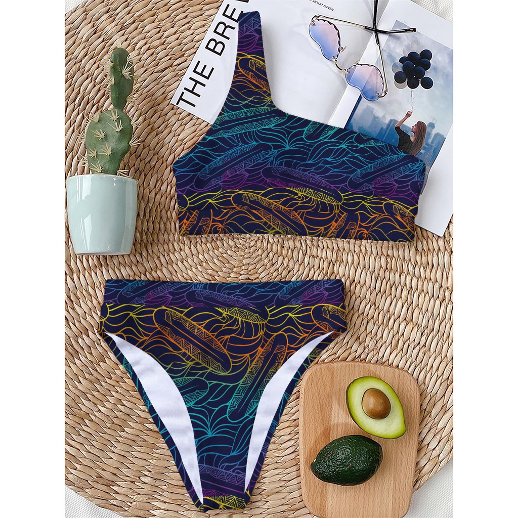 EDM Surfing Wave Pattern Print One Shoulder Bikini Top