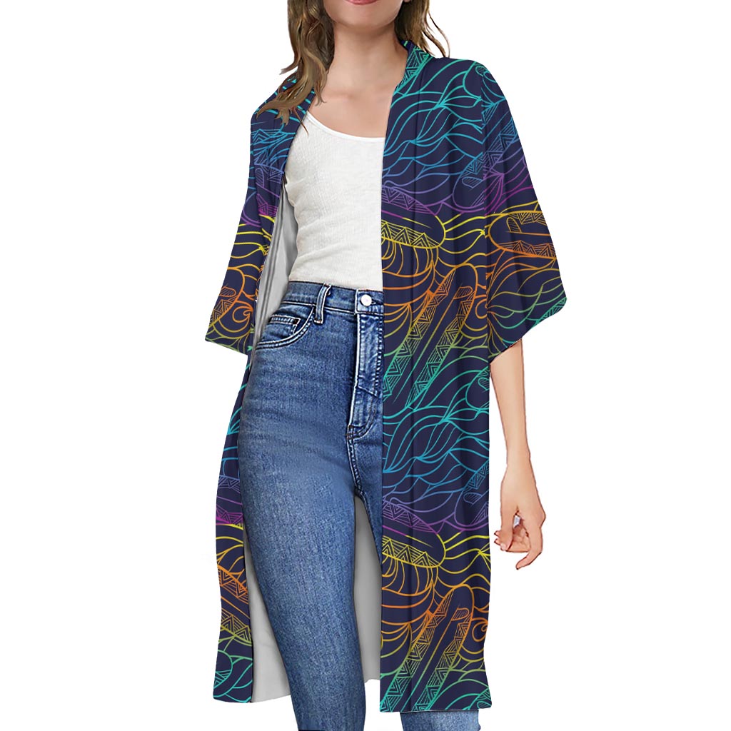 EDM Surfing Wave Pattern Print Open Front Beach Cover Up