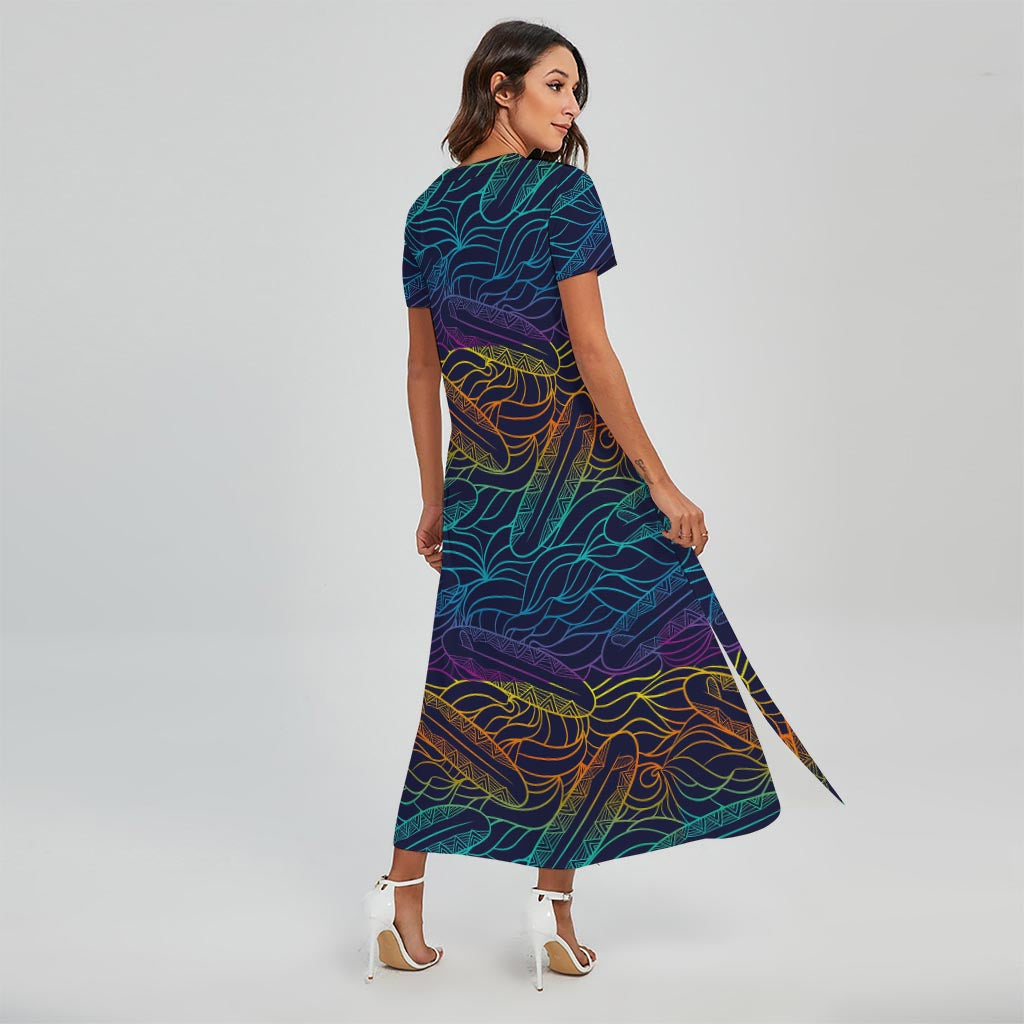 EDM Surfing Wave Pattern Print Short Sleeve Maxi Dress