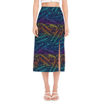 EDM Surfing Wave Pattern Print Side Slit Midi Skirt