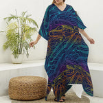 EDM Surfing Wave Pattern Print Silk V-Neck Kaftan Dress