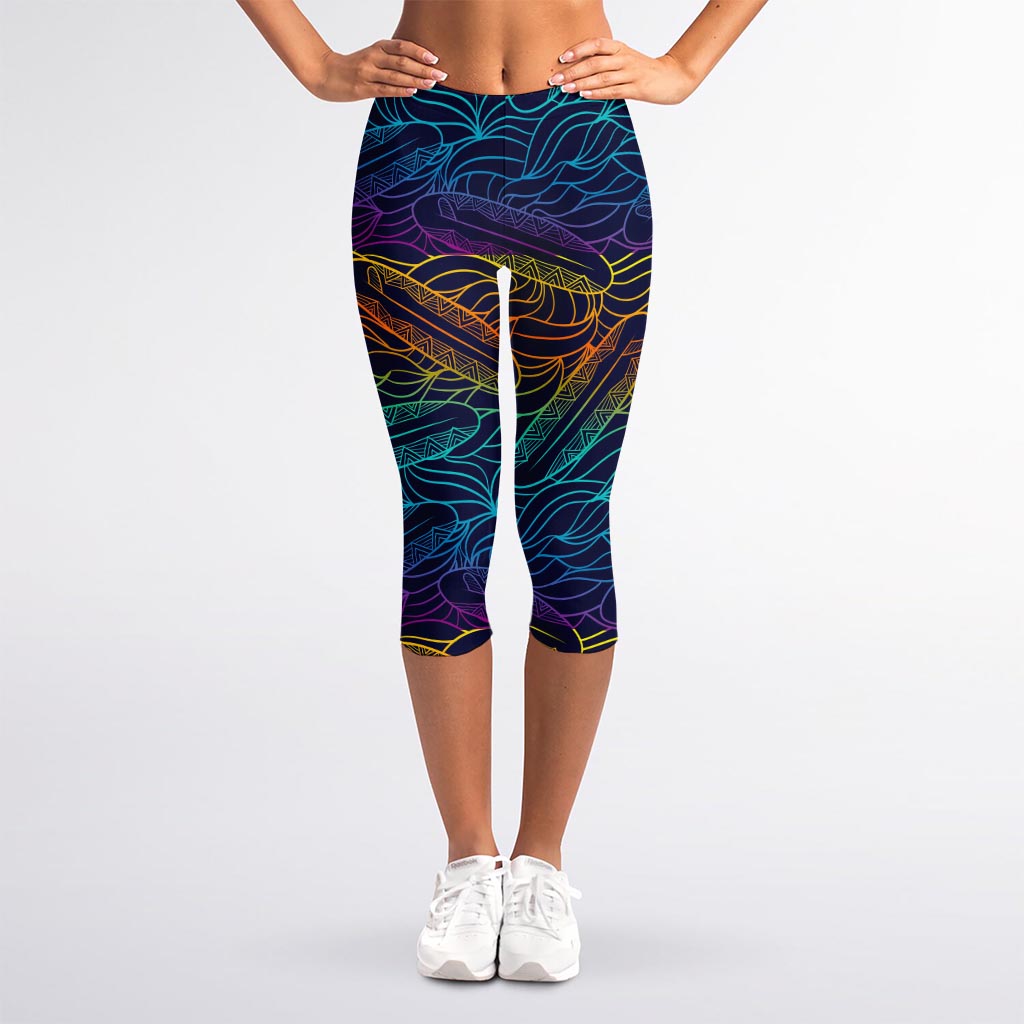 EDM Surfing Wave Pattern Print Women's Capri Leggings