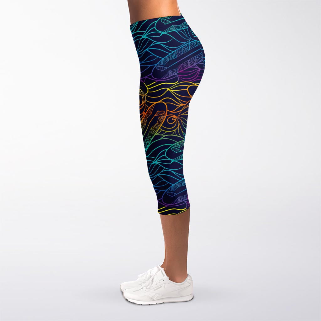 EDM Surfing Wave Pattern Print Women's Capri Leggings