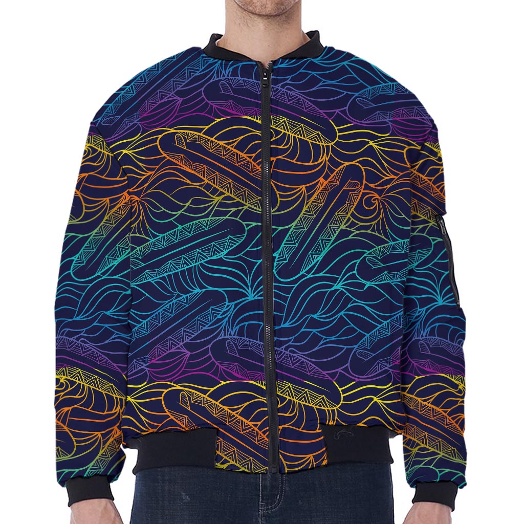 EDM Surfing Wave Pattern Print Zip Sleeve Bomber Jacket