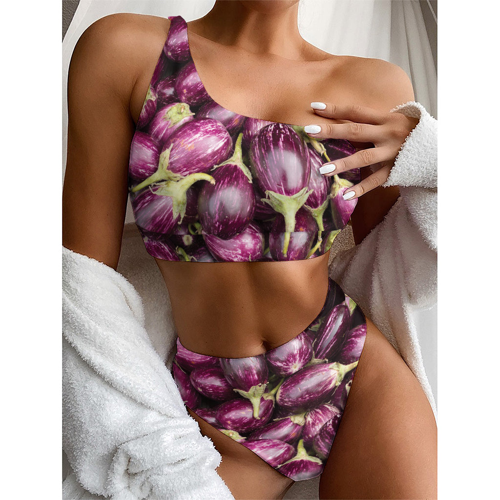 Eggplant Print One Shoulder Bikini Top