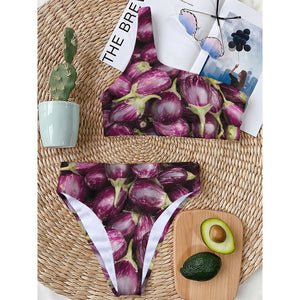 Eggplant Print One Shoulder Bikini Top