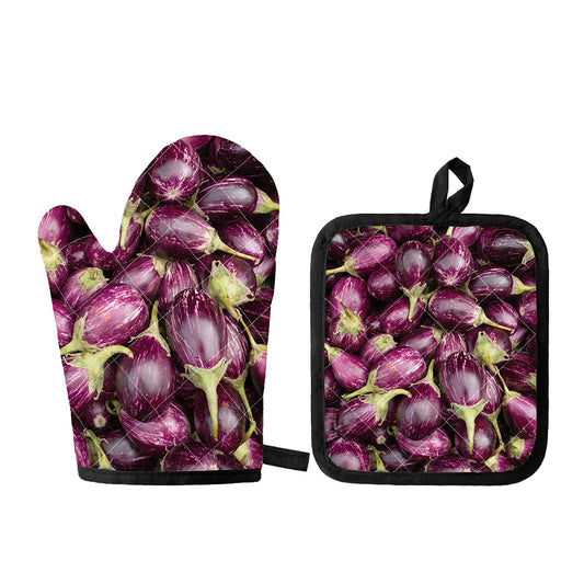 Eggplant Print Oven Mitt And Pot Holder Set