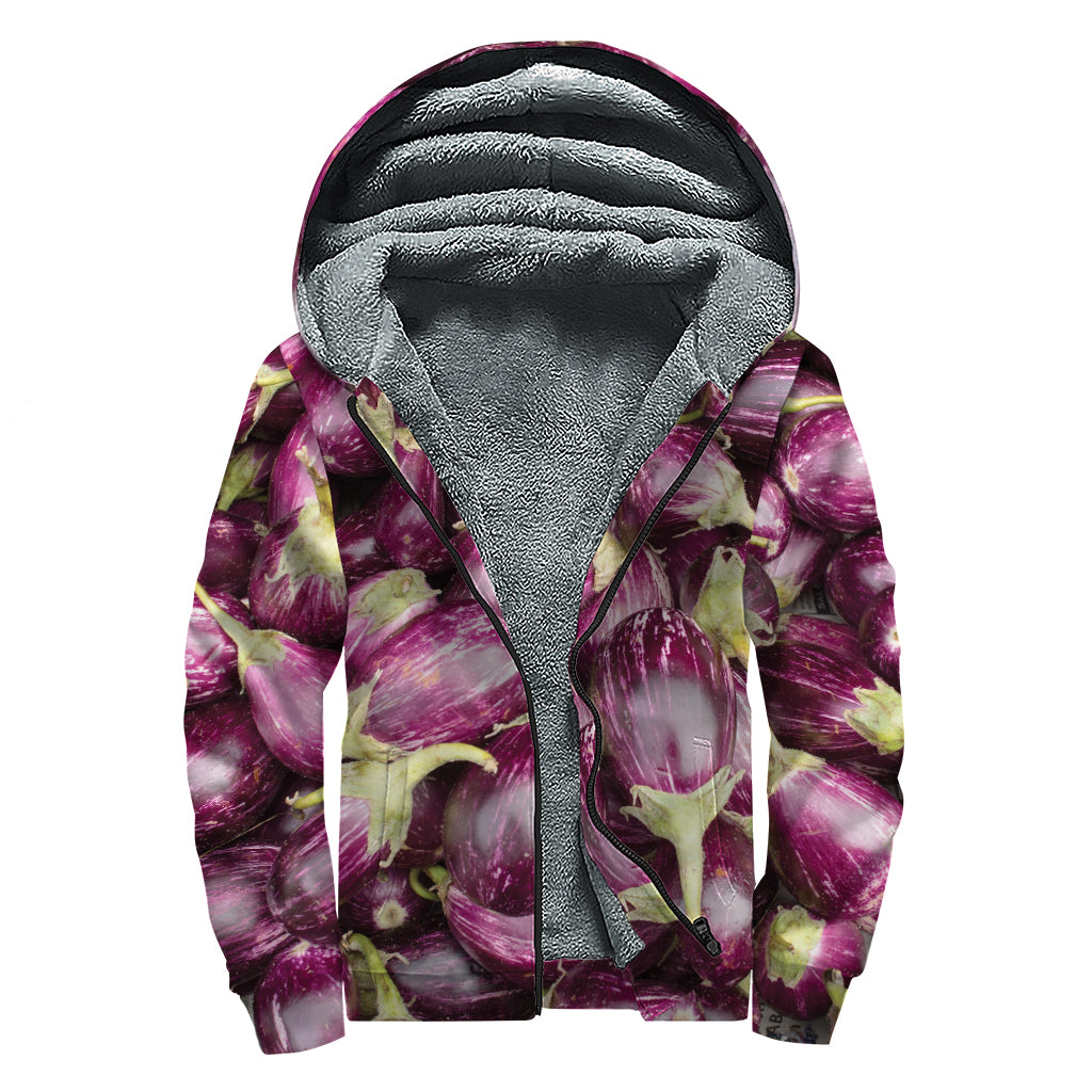 Eggplant Print Sherpa Lined Zip Up Hoodie