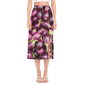 Eggplant Print Side Slit Midi Skirt