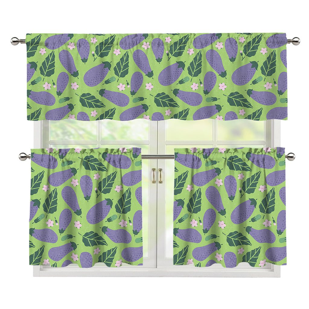 Eggplant With Leaves And Flowers Print 3 Piece Kitchen Curtains