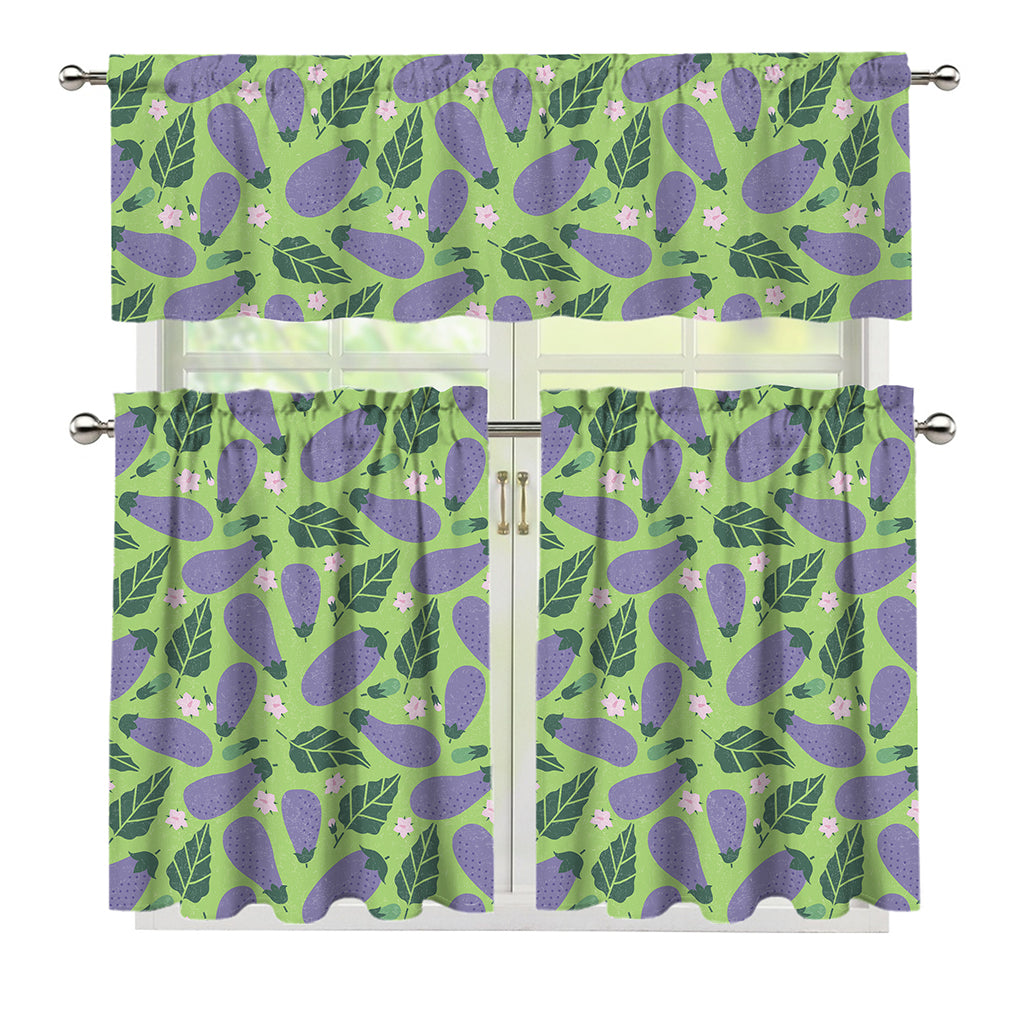 Eggplant With Leaves And Flowers Print 3 Piece Kitchen Curtains
