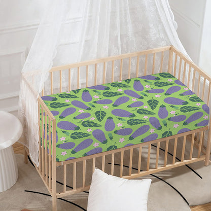 Eggplant With Leaves And Flowers Print Baby Crib Sheet
