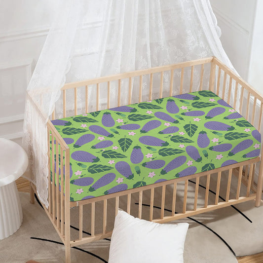 Eggplant With Leaves And Flowers Print Baby Crib Sheet