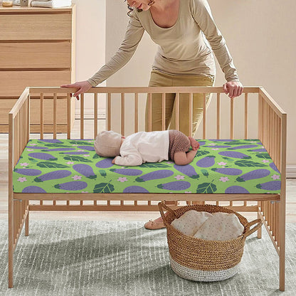 Eggplant With Leaves And Flowers Print Baby Crib Sheet