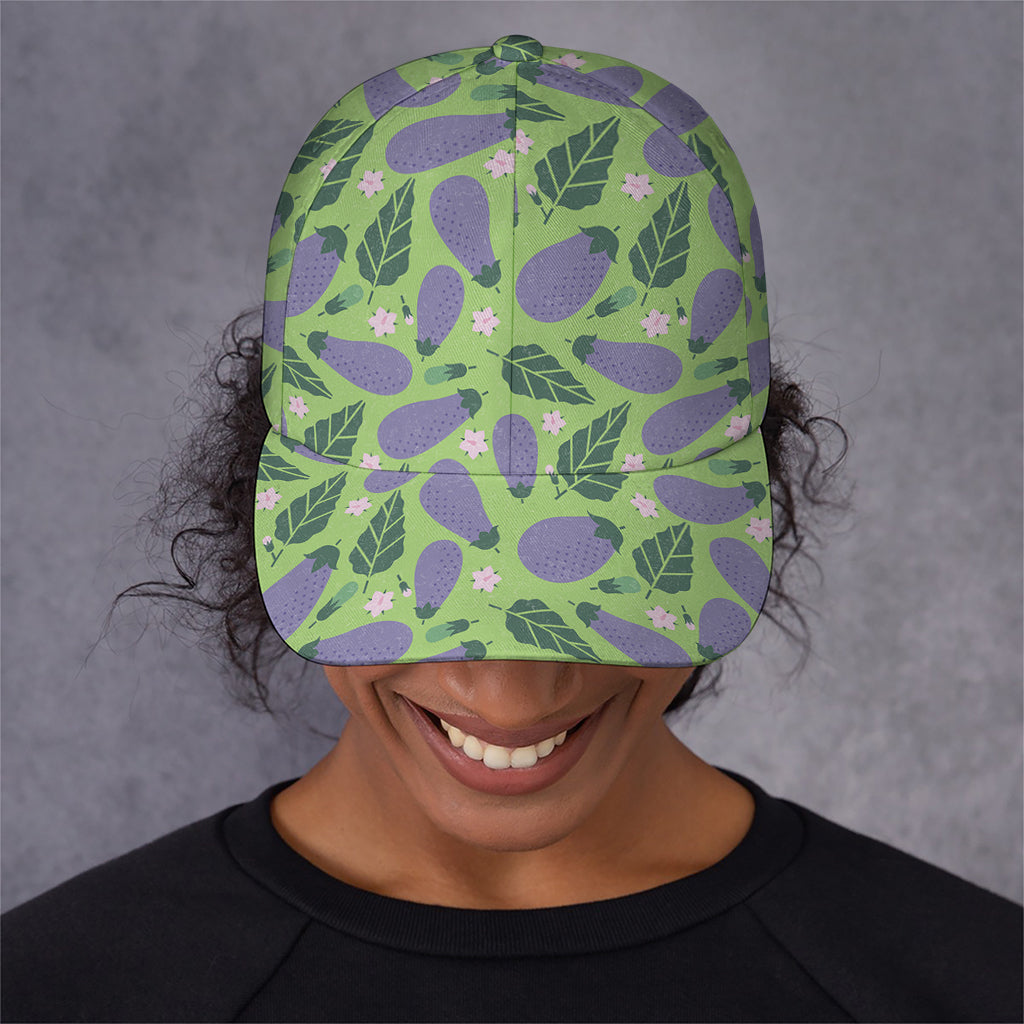 Eggplant With Leaves And Flowers Print Baseball Cap