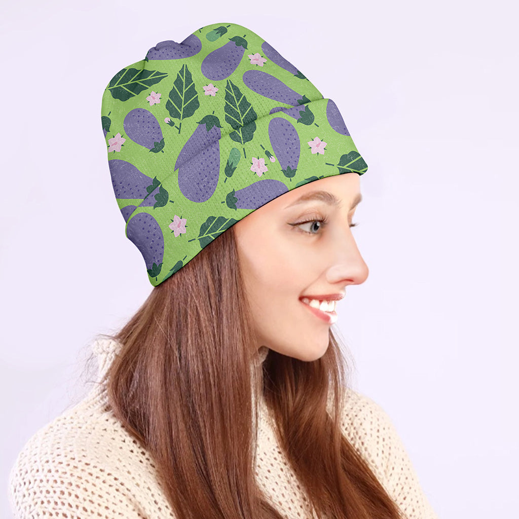 Eggplant With Leaves And Flowers Print Beanie